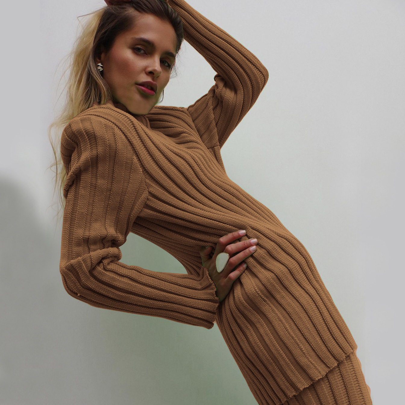 Sweater Pant Trendy Stylish Solid Color Women Suit Two-piece Trouser Suit
