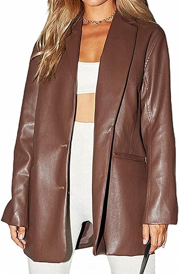 Women Leather Jacket Oversized Faux Leather Blazer Button Down Lapel Coat with Pockets Vintage Streetwear