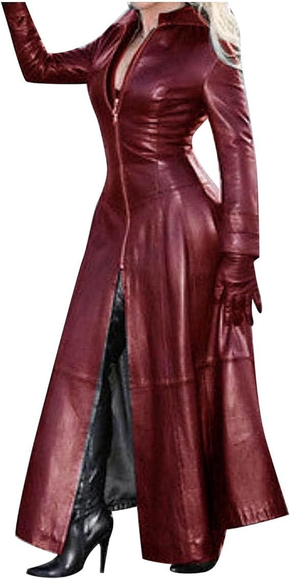  Women's Long Leather Jackets Slim Fit Motorcycle Jacket Faux Leather Trench Coat Full Zipper Jackets Trendy Outerwear