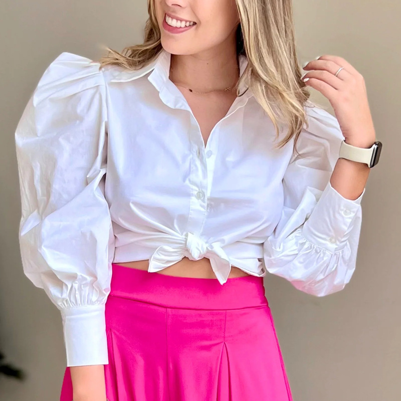 Long Sleeve Short Loose Solid Color Cardigan Tie Up Collar Single Breasted Urban Casual Fashion Shirt