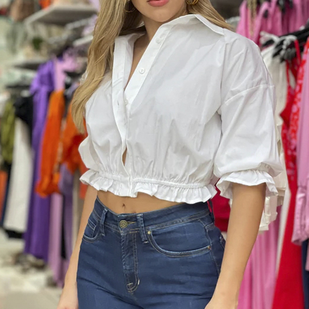 Fashion Bubble Sleeve Shirt Women Top Blouse Casual Design Long Sleeve White Shirt Women'S Blouses