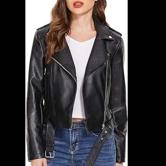 Faux Leather Jacket for Women, Moto Biker Motocycle Coat Lightweight Blazer 