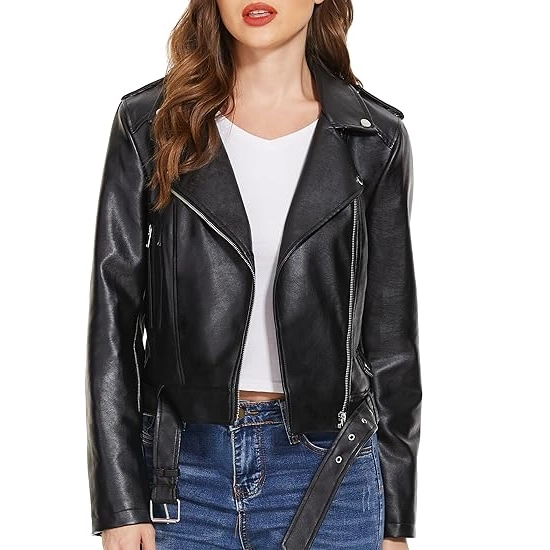 Faux Leather Jacket for Women, Moto Biker Motocycle Coat Lightweight Blazer 