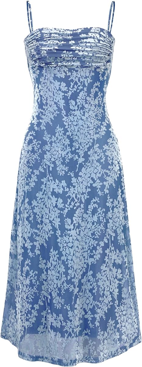 Women's Summer Dress Sleeveless Spaghetti Strap Midi Dress Sexy Cowl Neck Flora Dress Party Dresses