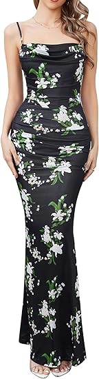  Women Maxi Dress Sleeveless Cowl Neck Summer Ruched Bodycon High Slit Formal Dresses