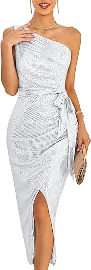 Women Sleeveless One Shoulder Sequin Dress Sparkly Glitter Wrap Dress Cocktail Wedding Maxi Dresses with Slit