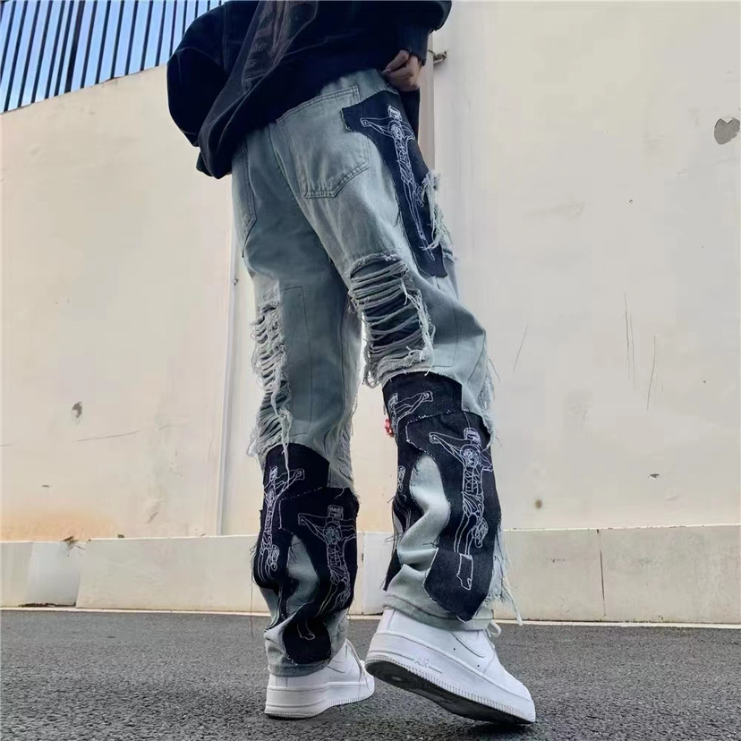 Hip Hop Custom Men's Jeans Ripped Baggy Pants Stacked Patchwork Denim Stacked Jeans Men Stacked Jeans