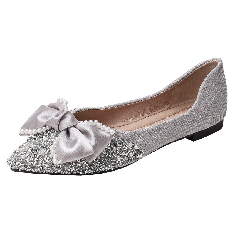 Elegant Flat Shoes Bow Point Toe Shoes Summer Rhinestones Women Fashion Shoes