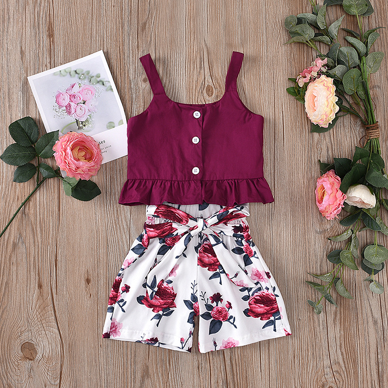 Girls Sets Summer Flower Sling Romper T-shirt+Solid Shorts 2PCS Kids Suit Children Clothes
