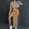 Fall Winter Women's Sets Knitted Outfits Zipper Cardigan+split Skirt Striped Sweater 2 Piece Set Women