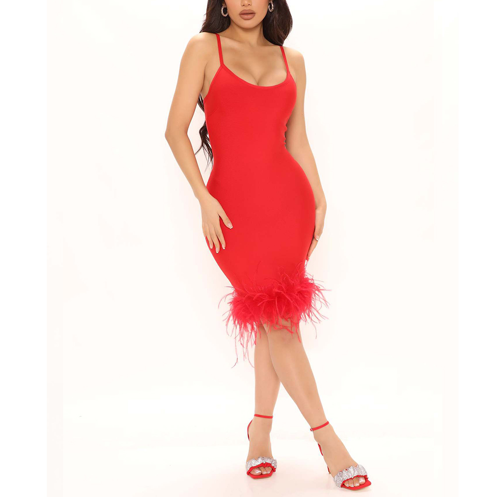 Bandage Bodycon Feather Dress Women Dresses Elegant With Slit Spaghetti Strap Black Mini Dress