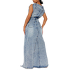 Denim Vintage Skirt Outfits Sexy Women Two Pieces Jeans Casual Matching Set Top+Split Skirts