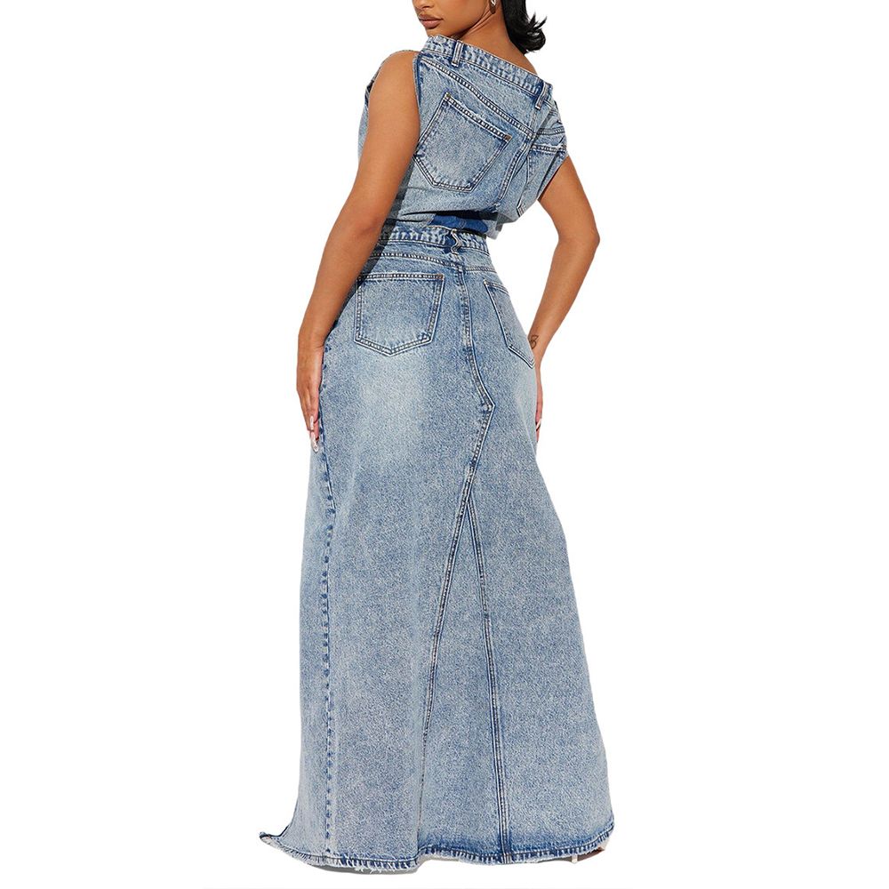 Denim Vintage Skirt Outfits Sexy Women Two Pieces Jeans Casual Matching Set Top+Split Skirts