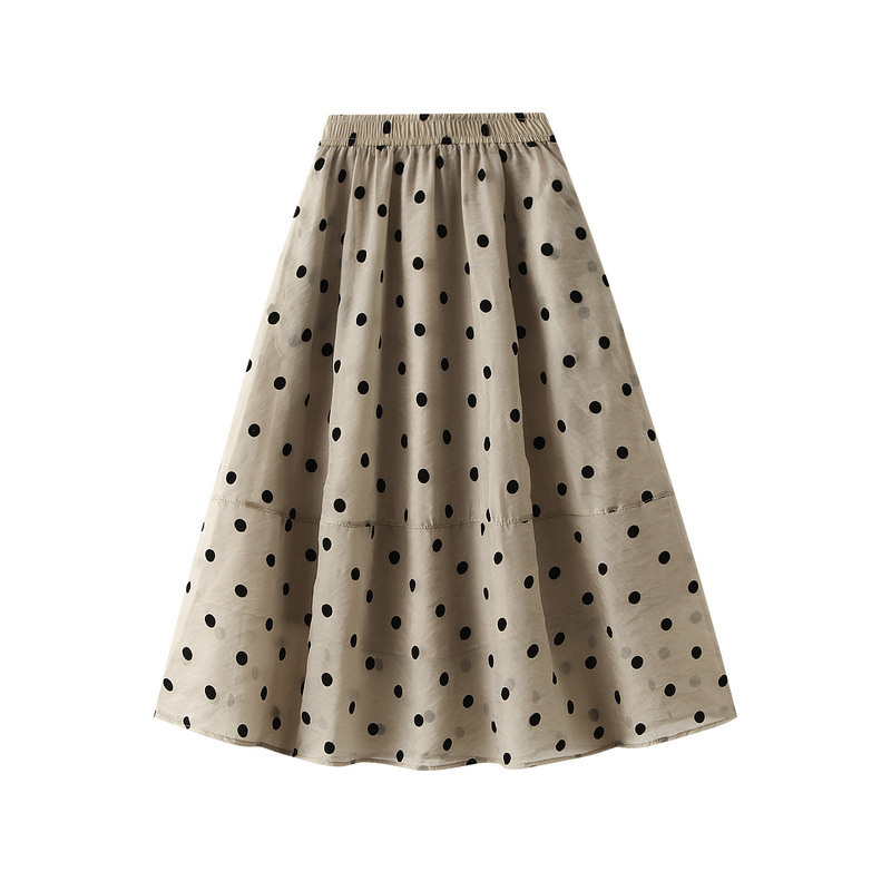 Dot Printed Women Elegant Elastic Waist Skirt Elastic High Waisted A-Line Female 2024 Spring Satin Long Skirt