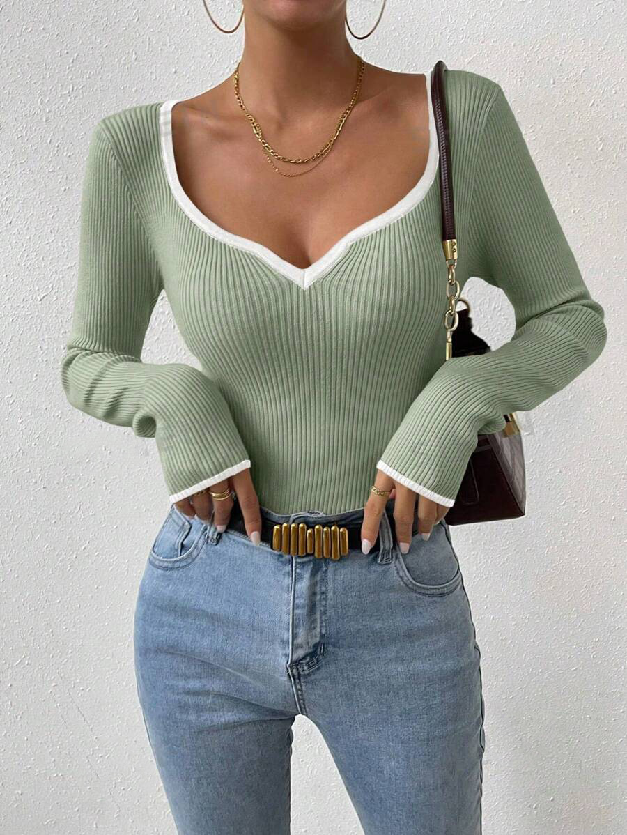 Women Long Sleeve T-Shirts Autumn Contrast Color Tops Sweater