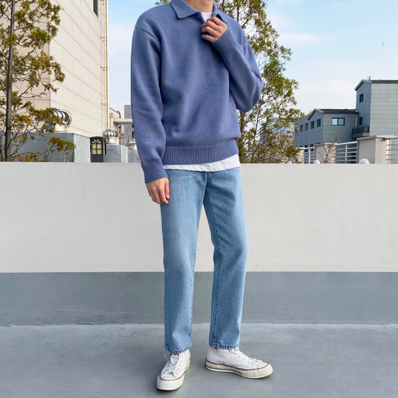 Solid Color Shirt Collar Men's Long Sleeve Casual Knit Pullover Sweatshirt Slim Fit Thermal Winter Fashion Sweater for Men