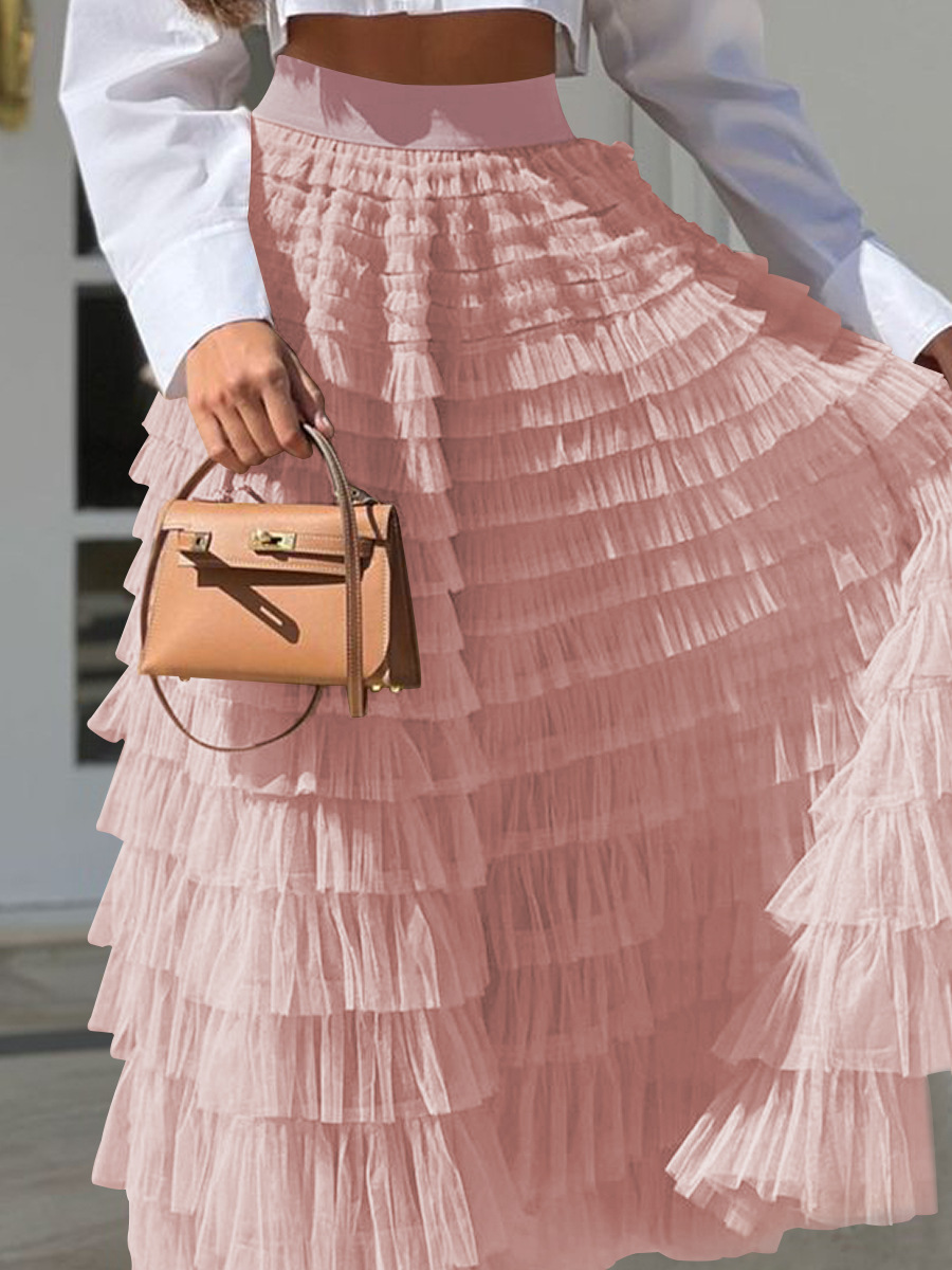 New French Long Skirt Women's Autumn Solid Color High Waist Mesh Cake Skirt Casual Half Skirt
