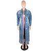 Winter Ripped Denim Cardigan Coat Turn Down Collar Long Jacket Fashion Ladies Long Denim Coat