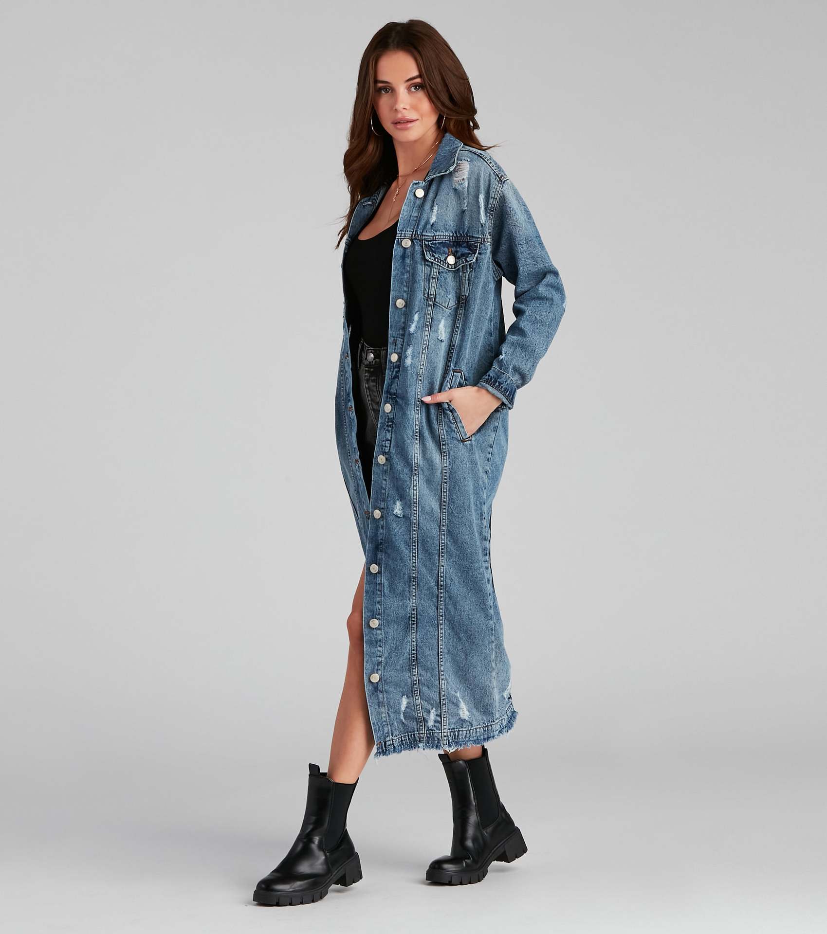 Plus Size Denim Jacket Women's Solid Color Tassel Breasted Ripped Hole Long Denim Trench Coat