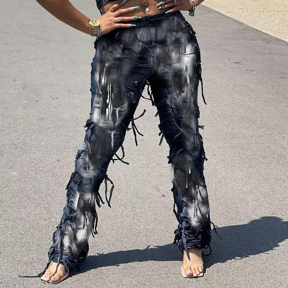 Women Stretch Latest Trendy High Street Tie Dye Baggy Pants With Ripped Fringe Design Chic Y2k Pants Women Streetwear