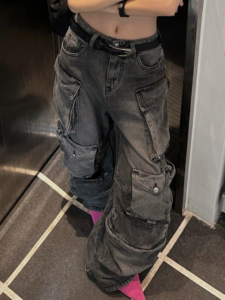 Multi Pockets Women Wide Leg Jeans Denim Pants Side Pocket Cargo Pant Baggy Jeans