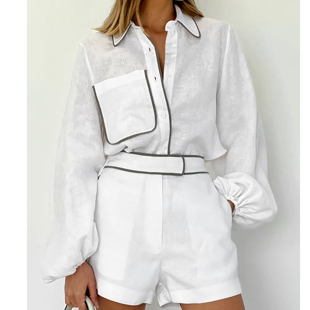  Long Sleeve Designer Color Block Shirt Shorts Women Two Piece Sets