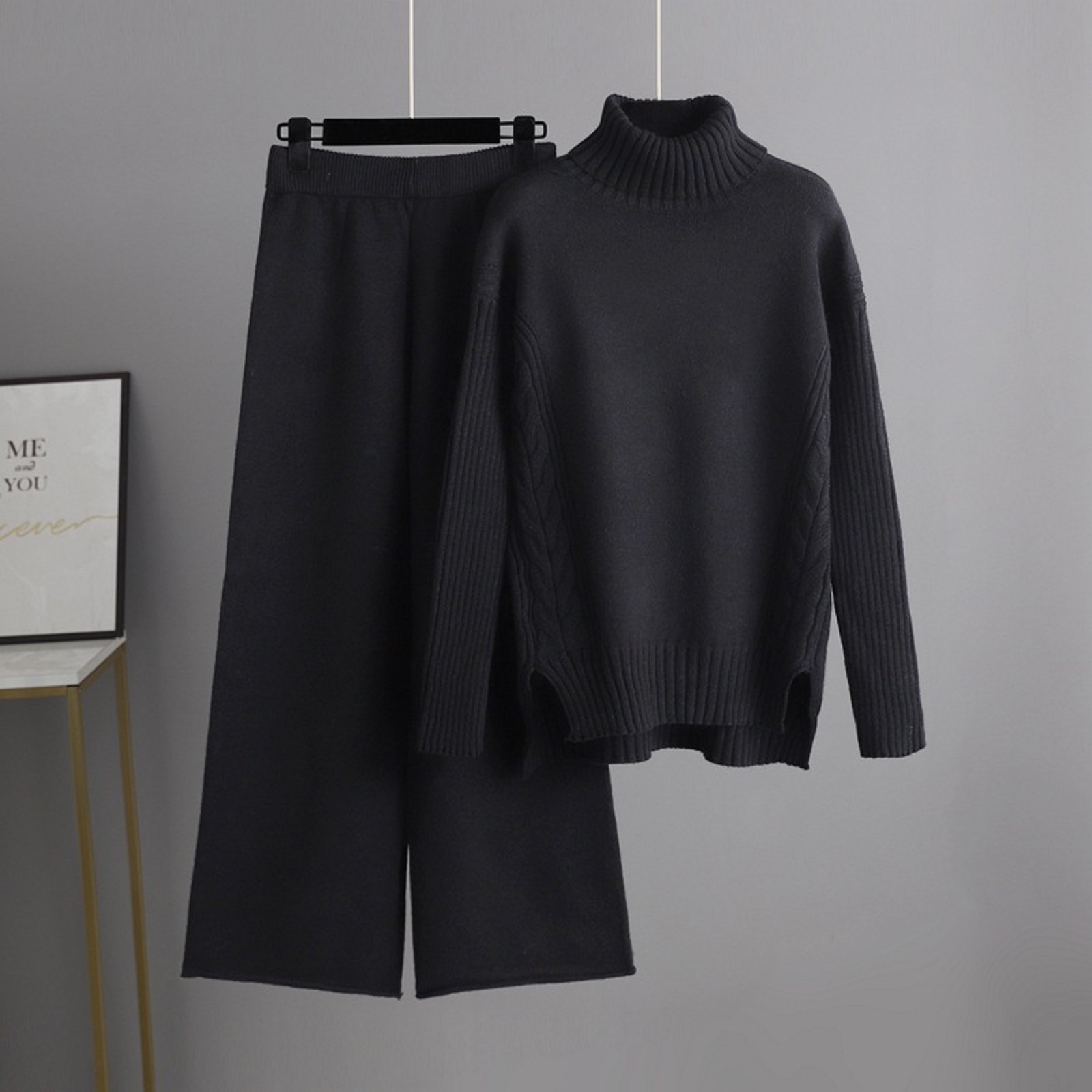  Sweater Wide Leg Pants Turtleneck Heavy Sweater Two Piece Set Women Clothing