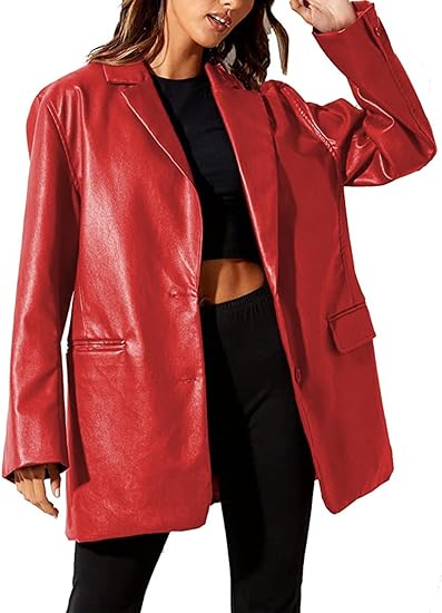 Women Leather Jacket Oversized Faux Leather Blazer Button Down Lapel Coat with Pockets Vintage Streetwear
