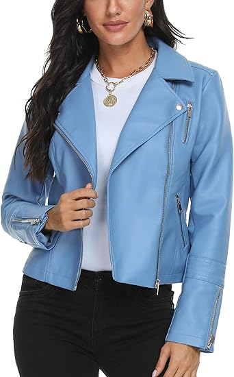 Faux Leather Jacket for Women, Moto Biker Motocycle Coat Lightweight Blazer 