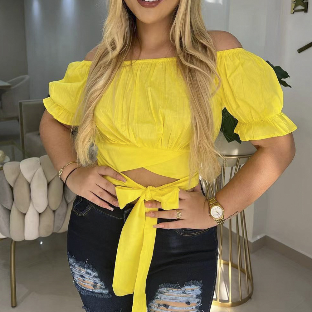 Square Collar Short Sexy Backless Top For Women Cut Out Knot Front Puff Sleeve Crop Blouse