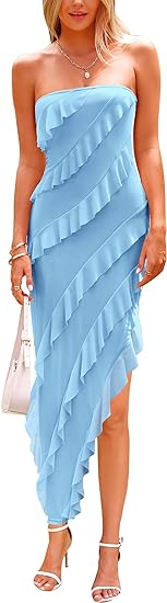 Womens Strapless Tube Asymmetrical Ruffle Maxi Bodycon Dress