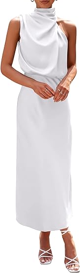 Women's 2024 Summer Satin Dress Elegant Sleeveless Mock Neck Cocktail Party Maxi Dresses