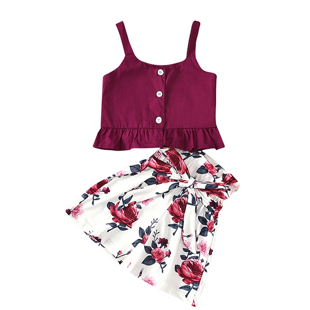 Girls Sets Summer Flower Sling Romper T-shirt+Solid Shorts 2PCS Kids Suit Children Clothes