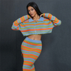 Fall Winter Women's Sets Knitted Outfits Zipper Cardigan+split Skirt Striped Sweater 2 Piece Set Women