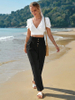  Solid Color High Waist Casual Button Cotton Linen Wide Leg Pants Women's Pants