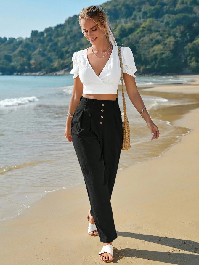  Solid Color High Waist Casual Button Cotton Linen Wide Leg Pants Women's Pants
