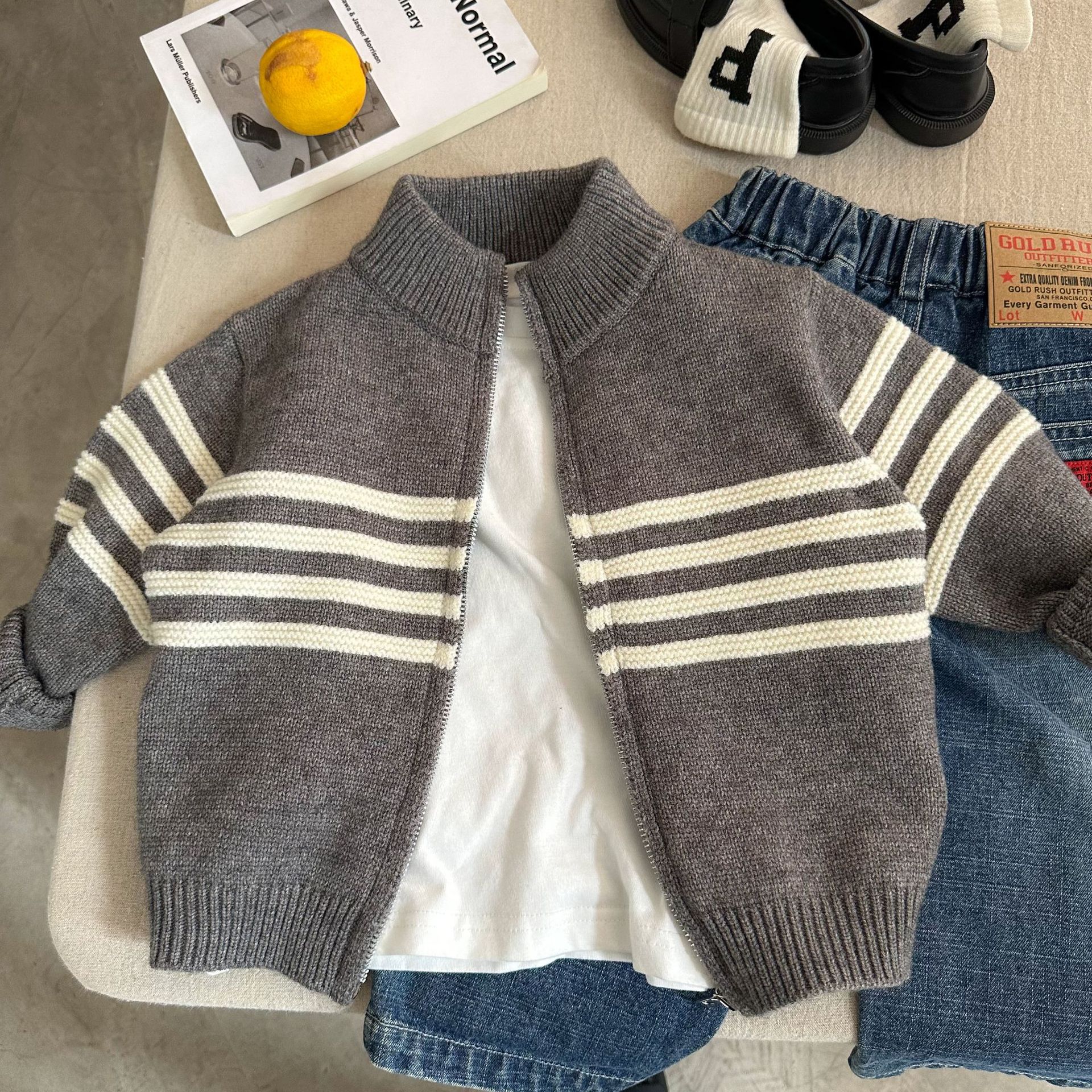 Winter Coat Kids Long Sleeve Zip Full Placket Cotton Knitted Children Sweater
