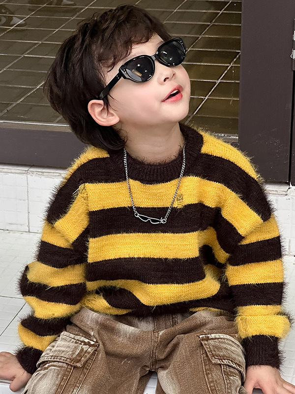 Custom Stripe Woollen Sweater Fuzzy Knit Pullovers Fur Wool Cute Korean Sweater