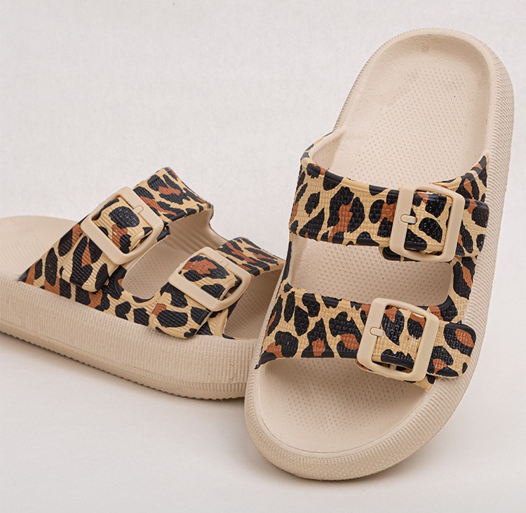 Summer Thick Bottom EVA Leopard Adjustable Two-button Trample Soft Cool Sports Slippers Outdoor Fashion House Slippers for Women