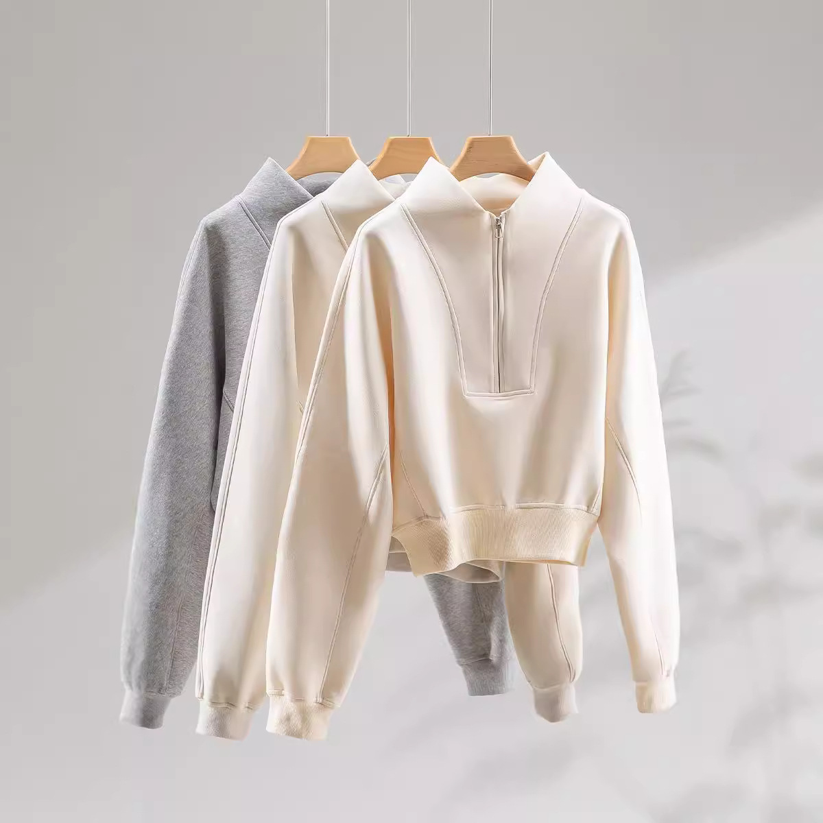 Custom Logo Womens Sweatshirts Cotton Half Zip Up Stand Collar Panels Design Hoodie&Sweatshirt