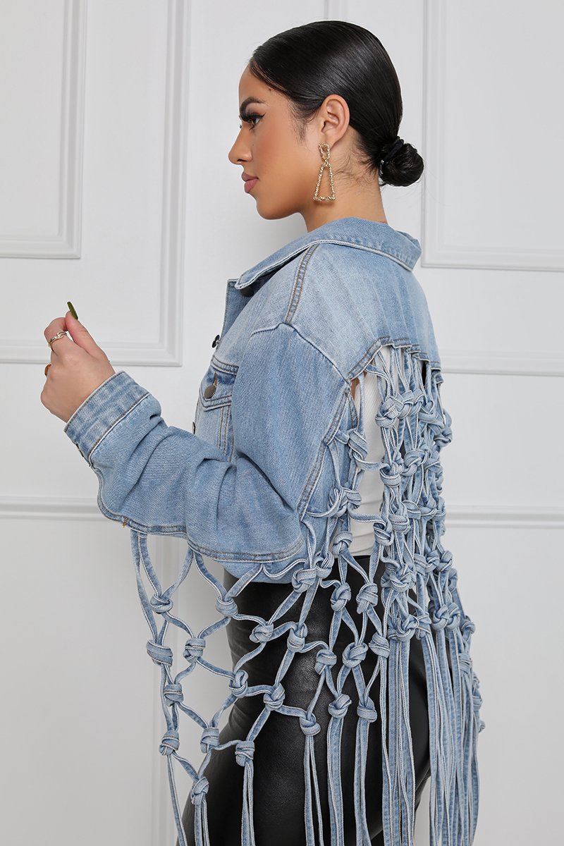 Trendy Backless Tassel Short Denim Jacket Hollow Out Jacket Jean Woman Mesh Denim Jacket Girl
