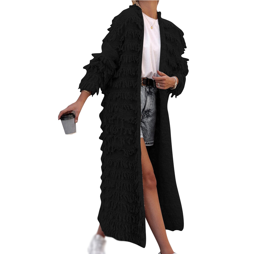Fall Women Tassel Knitted Jacket Fashion Winter Solid Color Long Cardigan Coat With Tassel