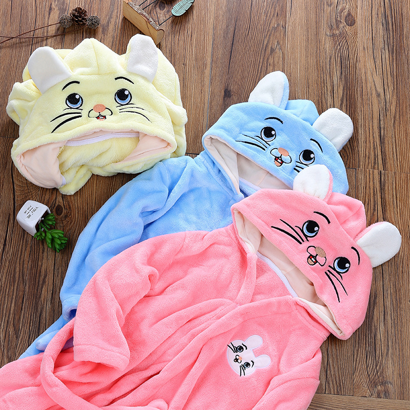 Winter Cartoon Cute Baby-boys Flannel Bathrobe With Hoodies