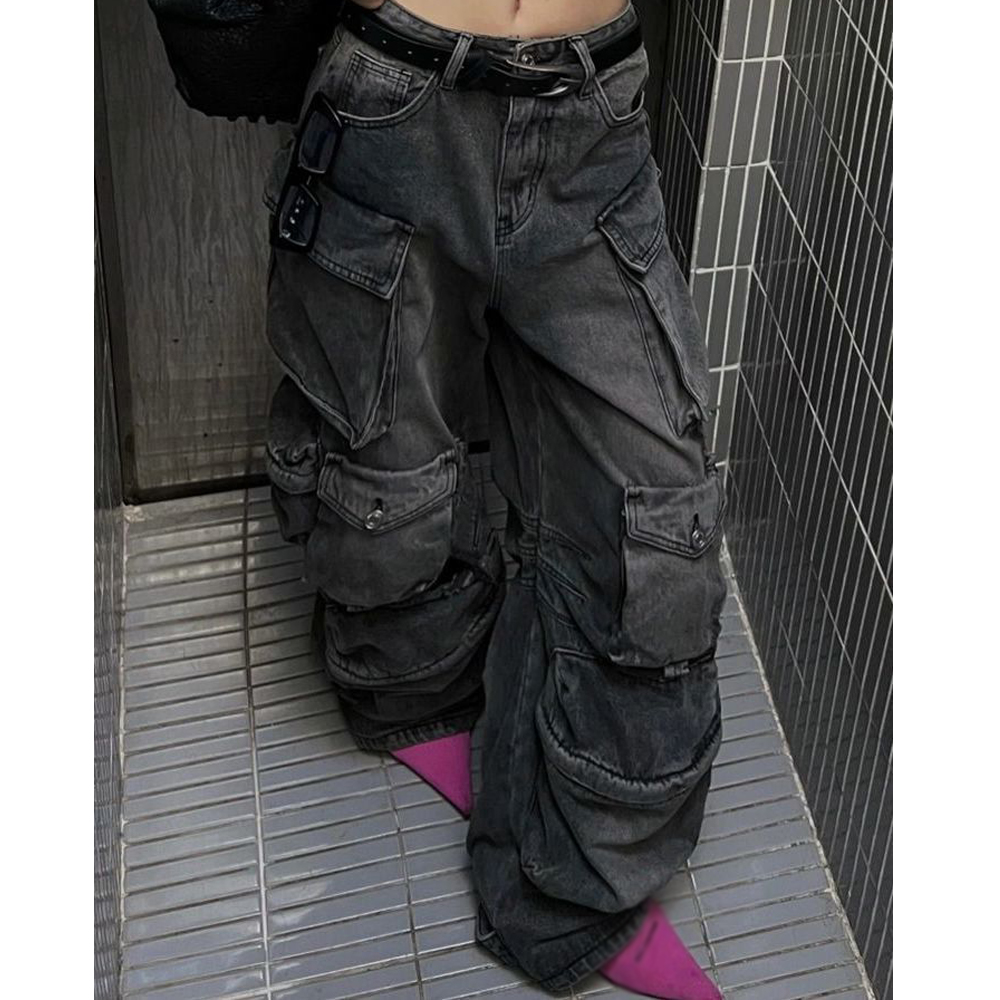 Multi Pockets Women Wide Leg Jeans Denim Pants Side Pocket Cargo Pant Baggy Jeans